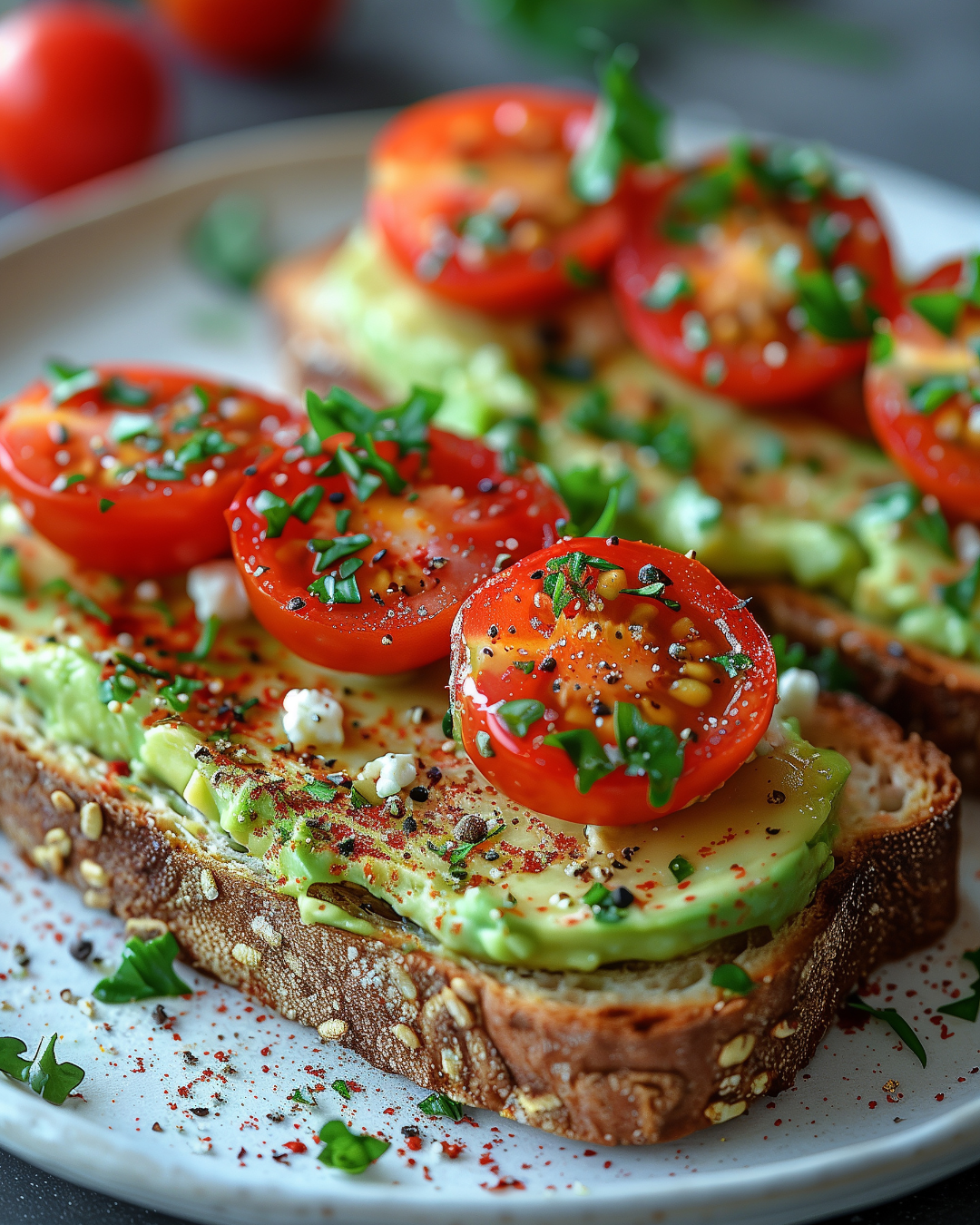 avocado toast with cherry tomatoes on whole grain bread