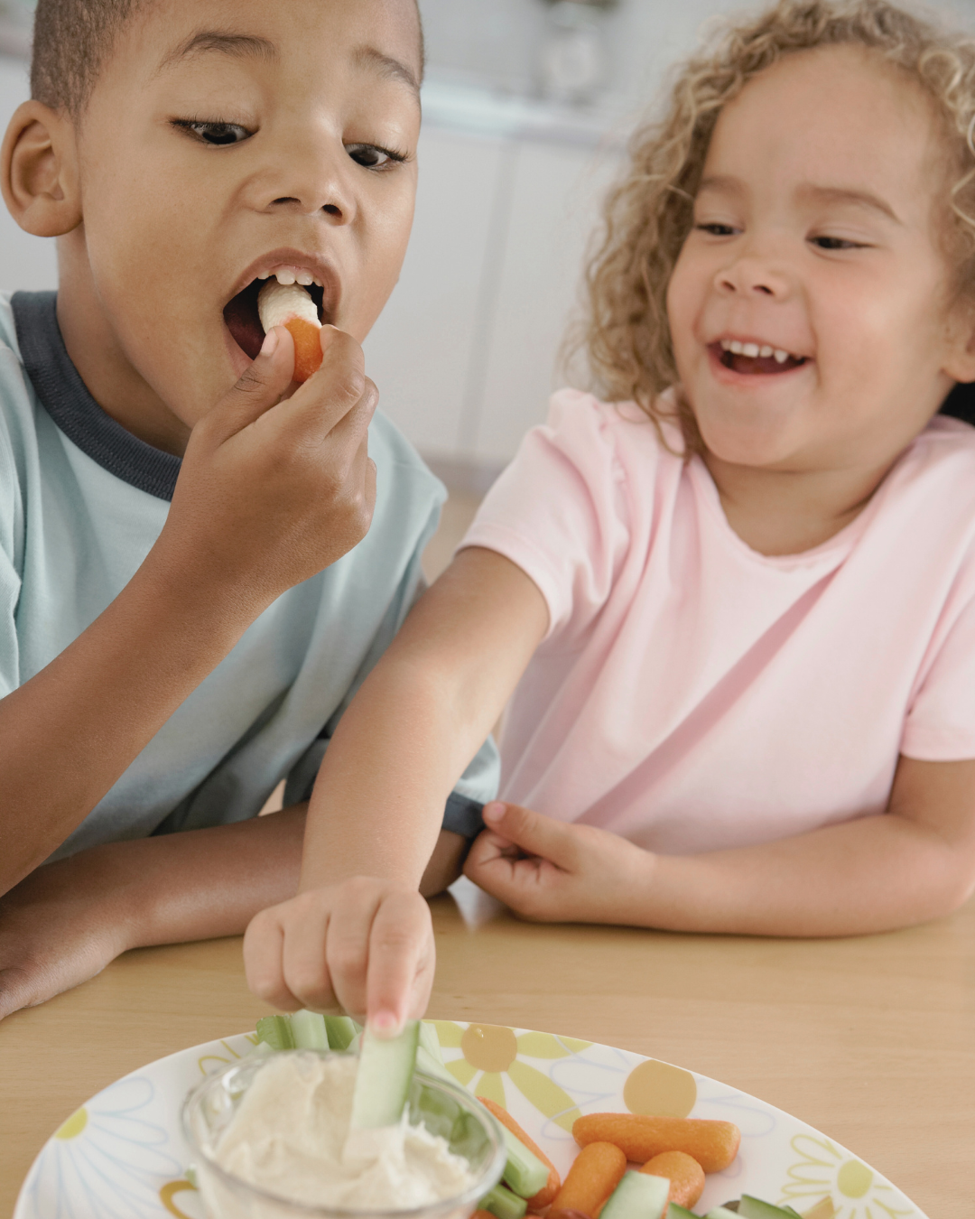 teaching children about healthy eating, with fresh fruits, vegetables, and balanced meals displayed on a table
